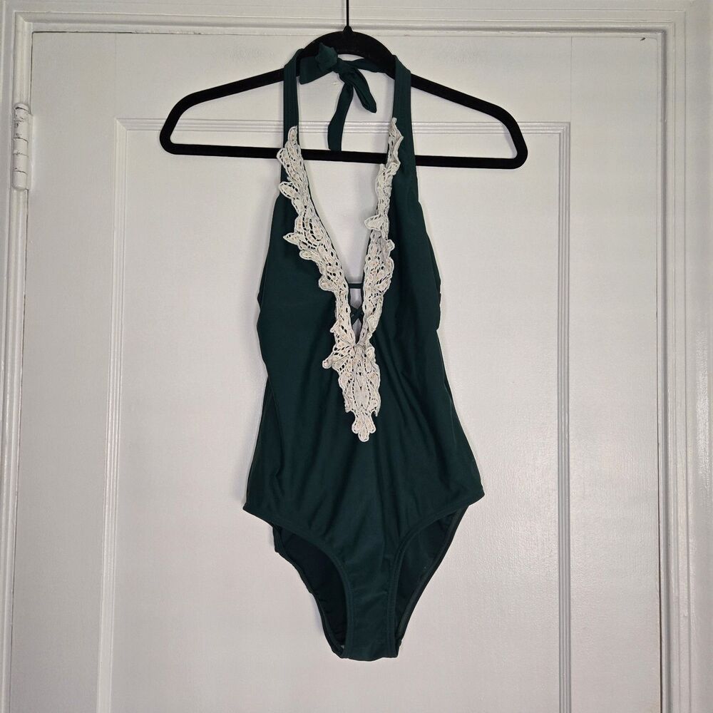 VENUS Lace Halter One Piece Swimsuit Green White Womens Size 10